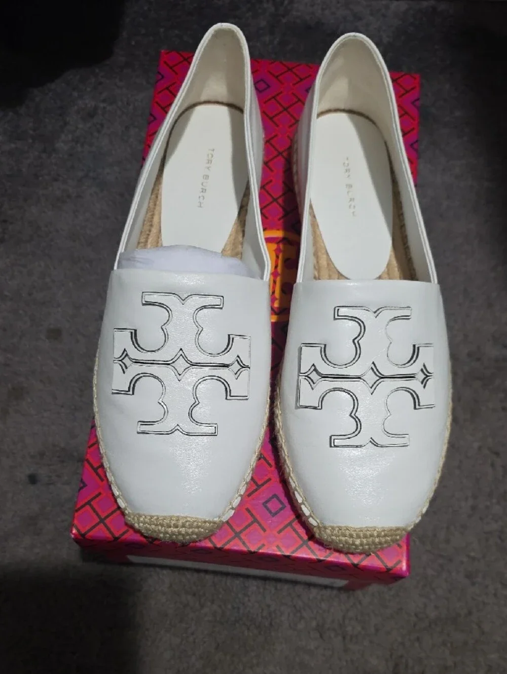 Ines Tory Burch White Leather Logo Espadrille Slip-On Flats